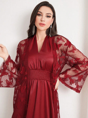 Women's Shirred Open Back Halter Top And Mesh Butterfly Jacket Two Piece Set
