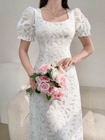 Women's Simple Printed Puff Sleeve Square Neck Daily Dress