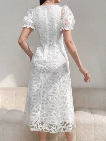 Women's Simple Printed Puff Sleeve Square Neck Daily Dress