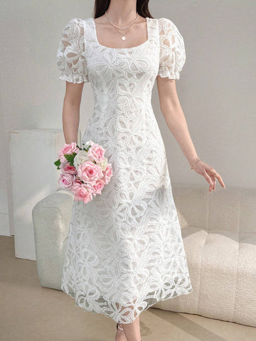 Women's Simple Printed Puff Sleeve Square Neck Daily Dress