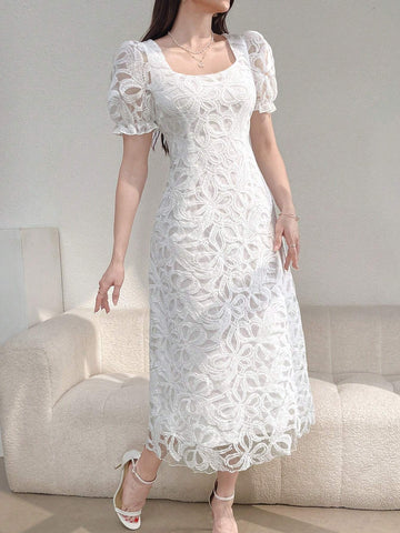 Women's Simple Printed Puff Sleeve Square Neck Daily Dress