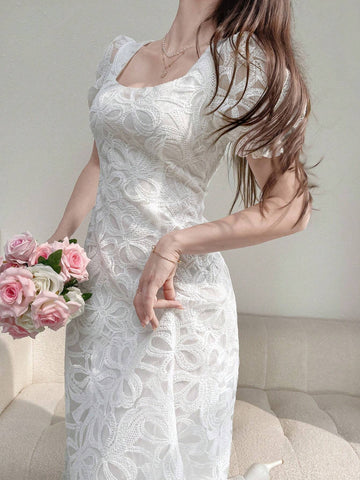 Women's Simple Printed Puff Sleeve Square Neck Daily Dress