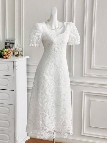Women's Simple Printed Puff Sleeve Square Neck Daily Dress