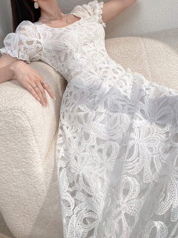 Women's Simple Printed Puff Sleeve Square Neck Daily Dress