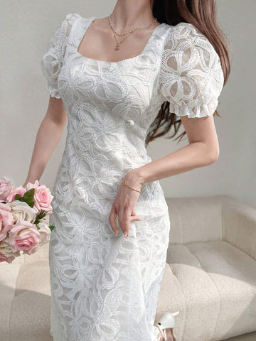 Women's Simple Printed Puff Sleeve Square Neck Daily Dress