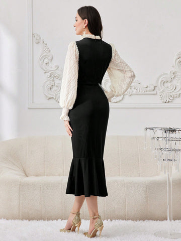 Modely Women's Slim Fit Button Detail Color Block Dress With Ruffle Trimming
