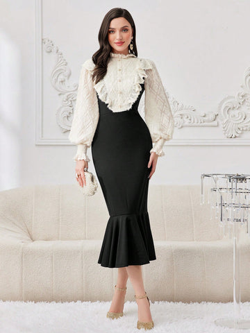 Modely Women's Slim Fit Button Detail Color Block Dress With Ruffle Trimming