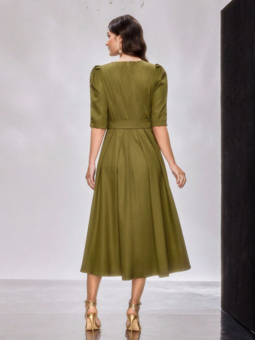 Women's Solid Bubble Sleeve Waist-Tie Dress