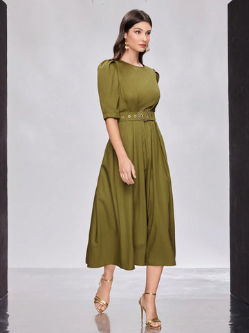 Women's Solid Bubble Sleeve Waist-Tie Dress