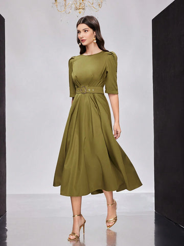 Women's Solid Bubble Sleeve Waist-Tie Dress