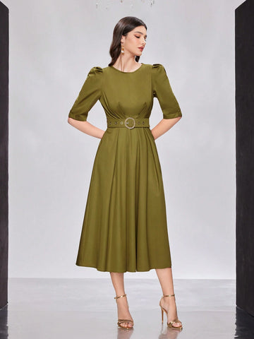 Women's Solid Bubble Sleeve Waist-Tie Dress