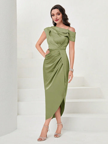 Women's Solid Color Asymmetrical Neckline Gathering Pleats Dress