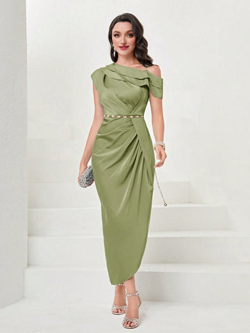 Women's Solid Color Asymmetrical Neckline Gathering Pleats Dress