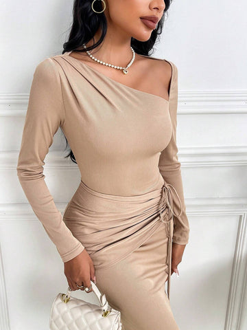 Women's Solid Color Asymmetrical Neckline Long Sleeve Simple Digital Print Casual Dress