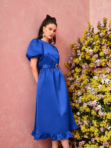 Women's Solid Color Bubble Sleeve Dress With Ruffle Hem