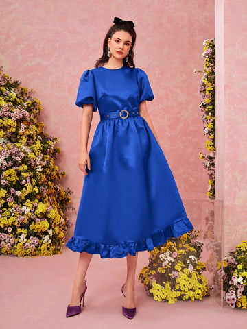 Women's Solid Color Bubble Sleeve Dress With Ruffle Hem