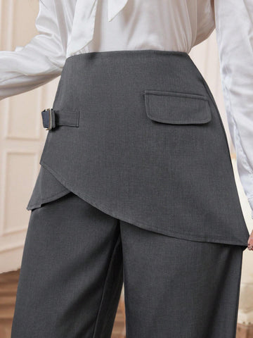 Modely Women's Solid Color Covered Button High Waist Straight Loose Elegant Pants