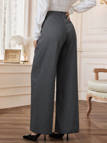 Modely Women's Solid Color Covered Button High Waist Straight Loose Elegant Pants