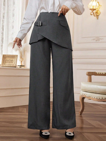 Modely Women's Solid Color Covered Button High Waist Straight Loose Elegant Pants