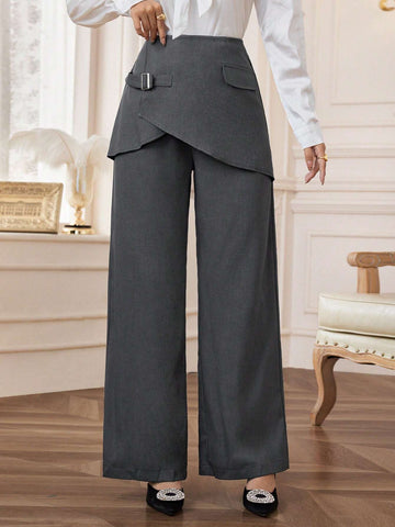 Modely Women's Solid Color Covered Button High Waist Straight Loose Elegant Pants