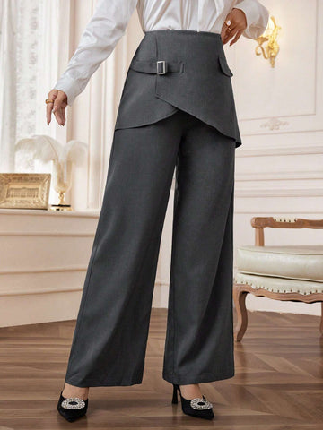 Modely Women's Solid Color Covered Button High Waist Straight Loose Elegant Pants