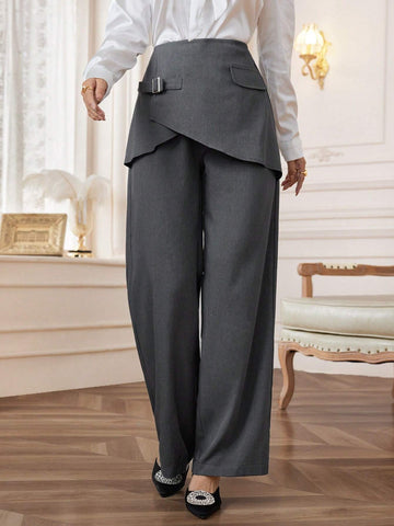 Modely Women's Solid Color Covered Button High Waist Straight Loose Elegant Pants