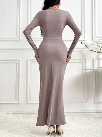 Women's Solid Color Crew Neck Long Sleeve Minimalist Number Print Split Hem Casual Dress