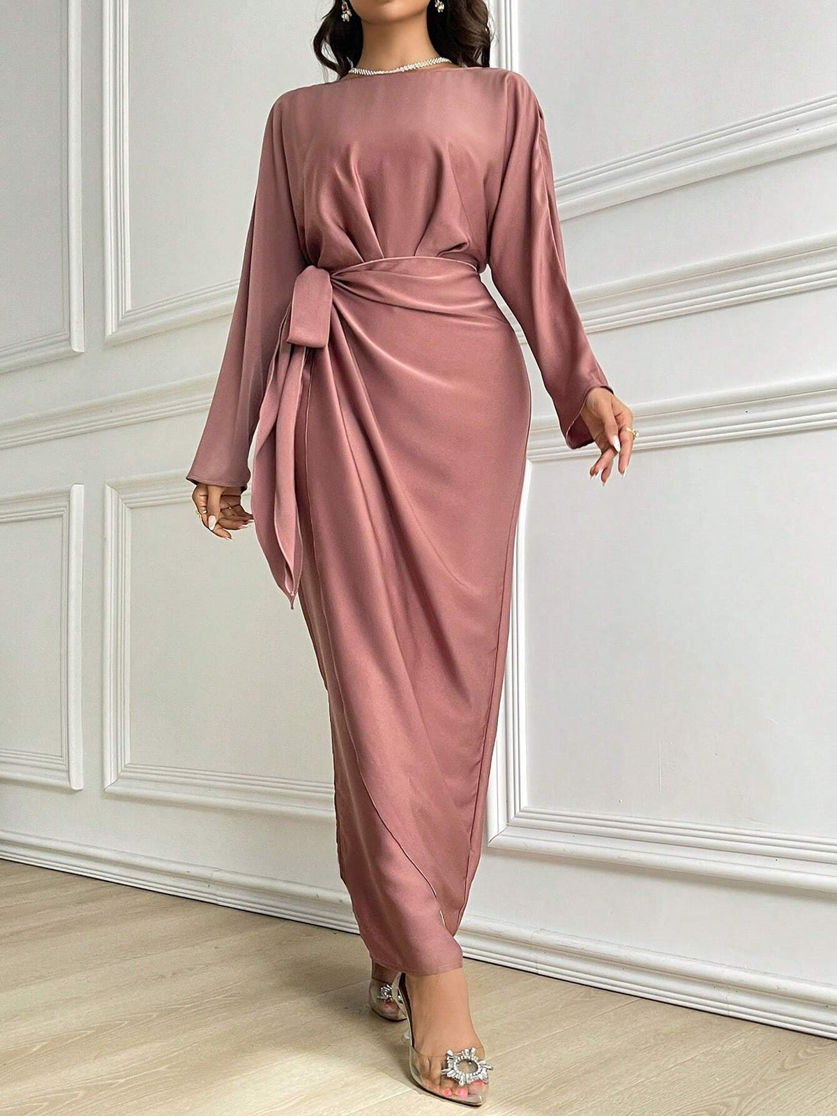 Women's Solid Color Crossed Wrap Tie Waist Long Sleeve Dress