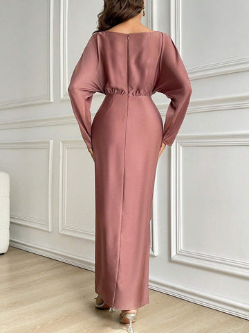 Women's Solid Color Crossed Wrap Tie Waist Long Sleeve Dress