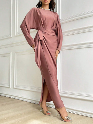 Women's Solid Color Crossed Wrap Tie Waist Long Sleeve Dress