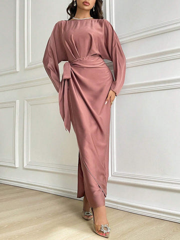 Women's Solid Color Crossed Wrap Tie Waist Long Sleeve Dress