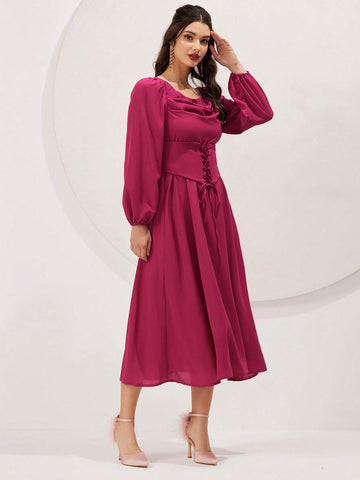 Women's Solid Color Draped-Neck Cross Straps Lantern Sleeve Dress
