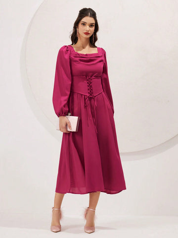 Women's Solid Color Draped-Neck Cross Straps Lantern Sleeve Dress