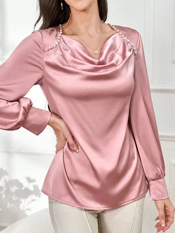 Modely Women's Solid Color Draped Neck Elegant Long Sleeve Shirt