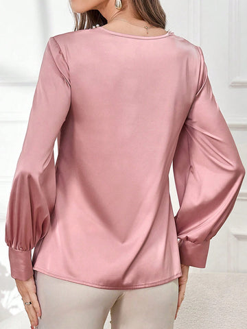 Modely Women's Solid Color Draped Neck Elegant Long Sleeve Shirt