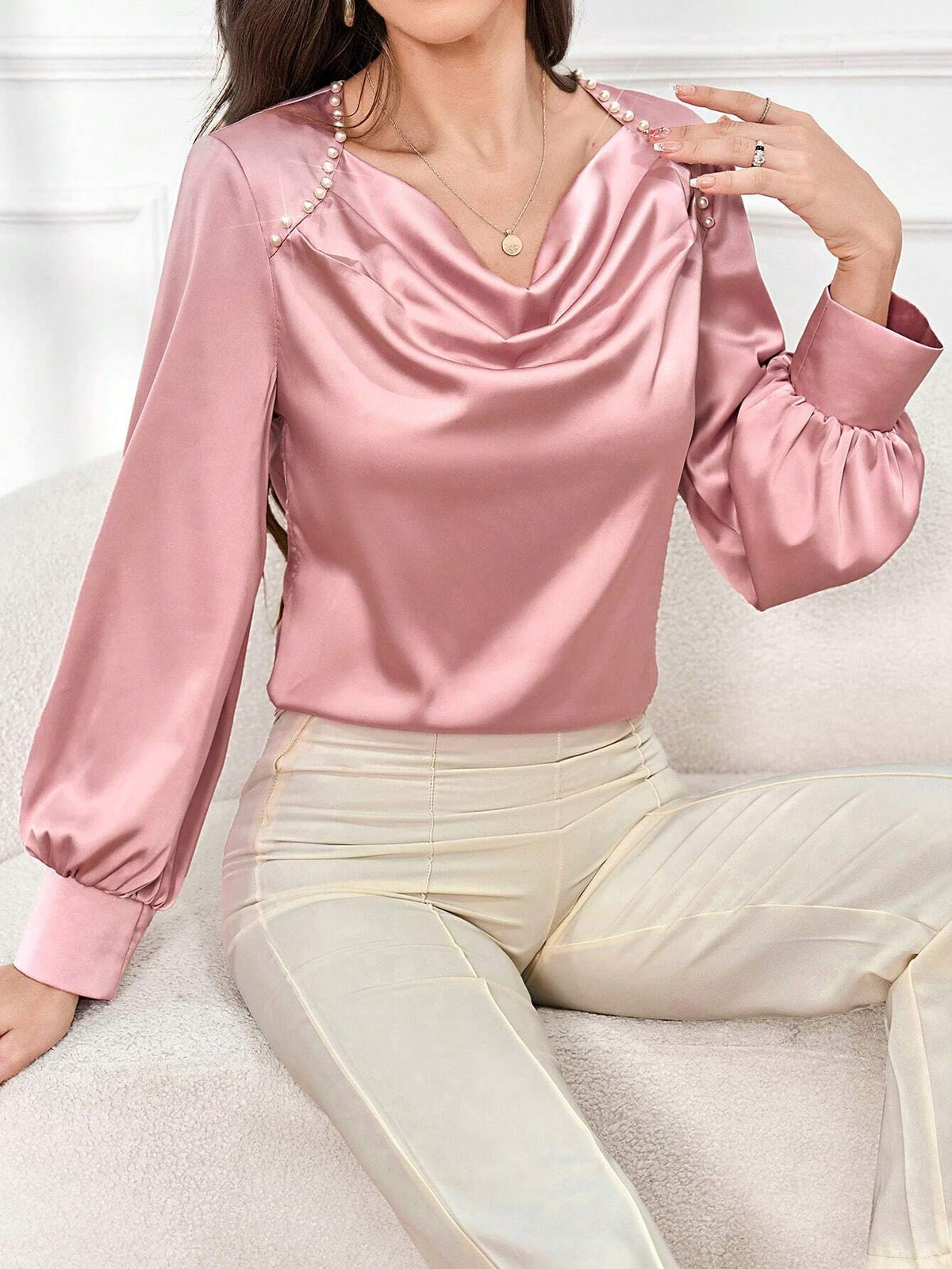 Modely Women's Solid Color Draped Neck Elegant Long Sleeve Shirt