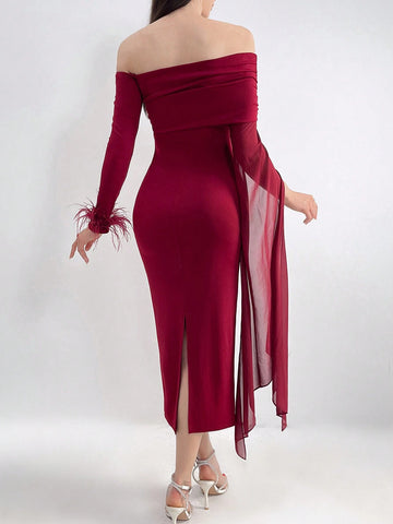 Women's Solid Color Elegant One-Shoulder Dress Made Of Camel Wool And Real Fur