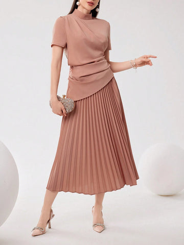 Women's Solid Color High Neck Pleated Short Sleeve T-Shirt And Pleated Skirt Set
