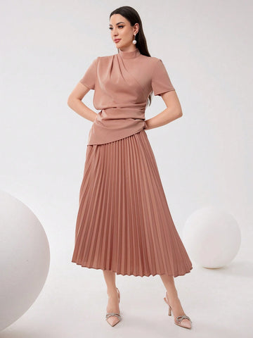 Women's Solid Color High Neck Pleated Short Sleeve T-Shirt And Pleated Skirt Set
