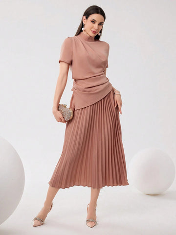 Women's Solid Color High Neck Pleated Short Sleeve T-Shirt And Pleated Skirt Set