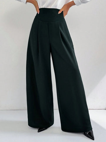 Modely Women's Solid Color High Waist Pleated Wide Leg Loose Elegant Pants