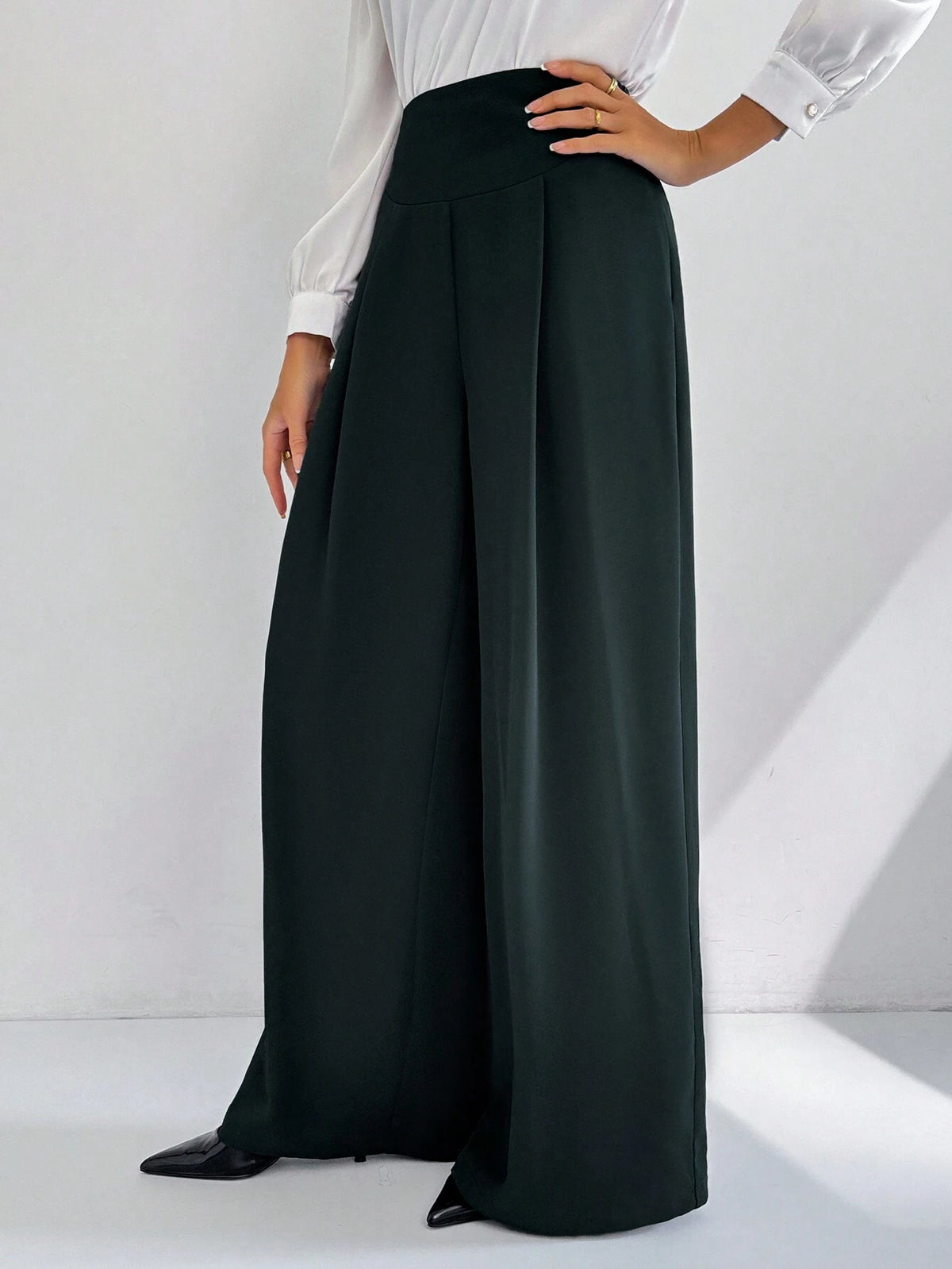 Modely Women's Solid Color High Waist Pleated Wide Leg Loose Elegant Pants