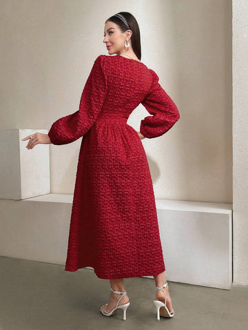 Women's Solid Color Jacquard Tie Corset Lantern Sleeve Dress