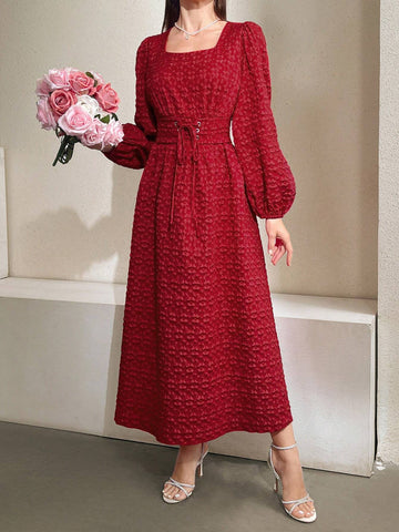 Women's Solid Color Jacquard Tie Corset Lantern Sleeve Dress