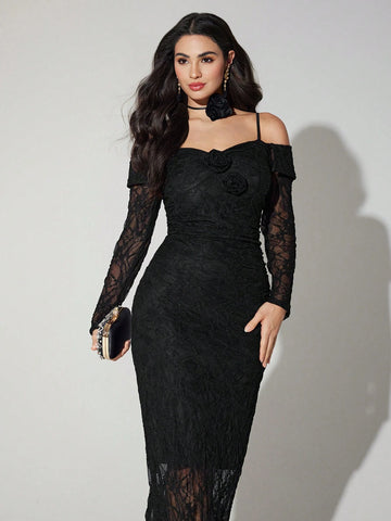 Women's Solid Color Lace Patchwork Sheer Strap Hollow Long Sleeve Dress