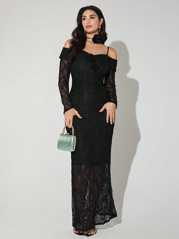 Women's Solid Color Lace Patchwork Sheer Strap Hollow Long Sleeve Dress
