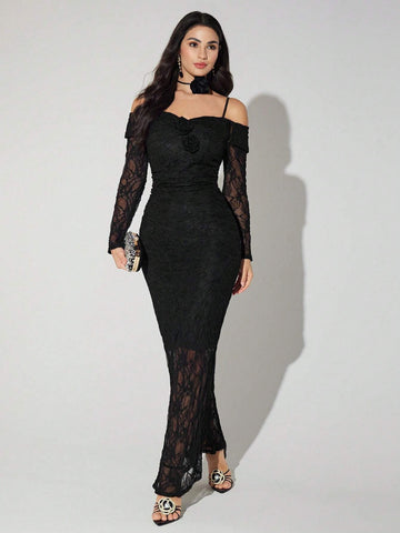 Women's Solid Color Lace Patchwork Sheer Strap Hollow Long Sleeve Dress