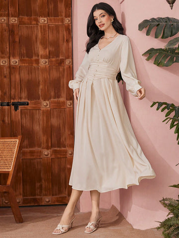 Women's Solid Color Lantern Sleeve Dress