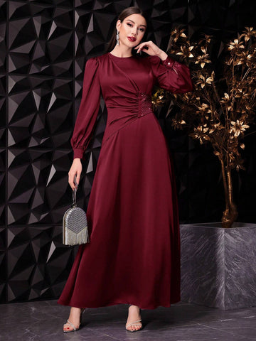 Women's Solid Color Lantern Sleeve Long Elegant Dress With Gathered Waist Detailing,
