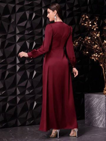 Women's Solid Color Lantern Sleeve Long Elegant Dress With Gathered Waist Detailing,